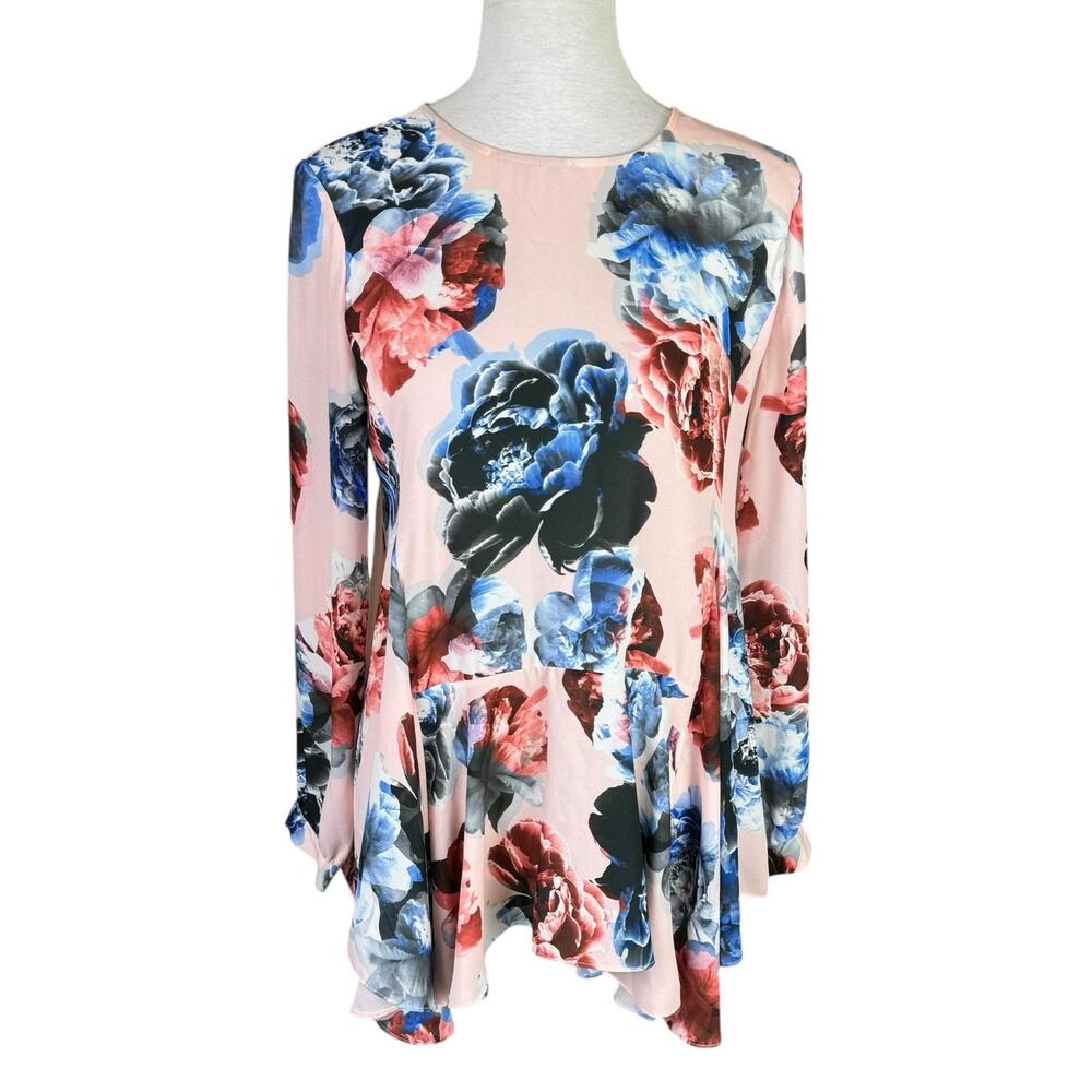 CeCe Pink Peony Floral Print Long Sleeve Peplum Chiffon Tunic Blouse